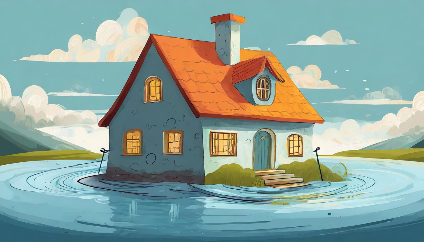 Assessing the risks of flooding. A graphic of a house surrounded by water.